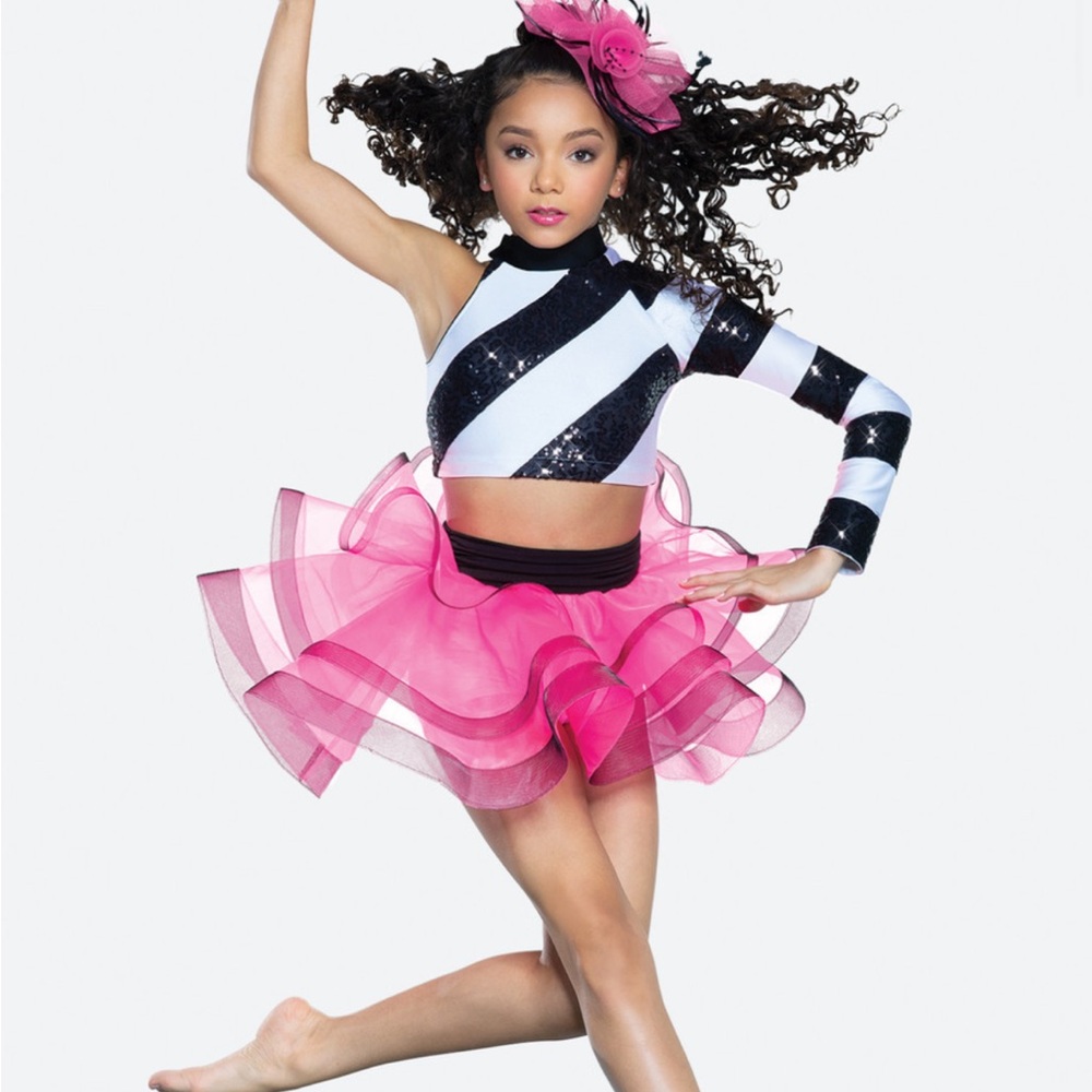 Revolution Pink Layered Tutu with Black & White Sequin Stripe Top and head